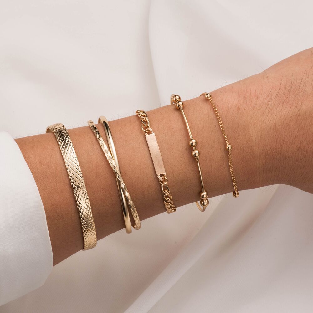 5 Stks/set Goud Kleur Open Manchet Armbanden Voor Vrouwen Link Chain Armbanden Bangles Set Mode Armbanden Vrouw