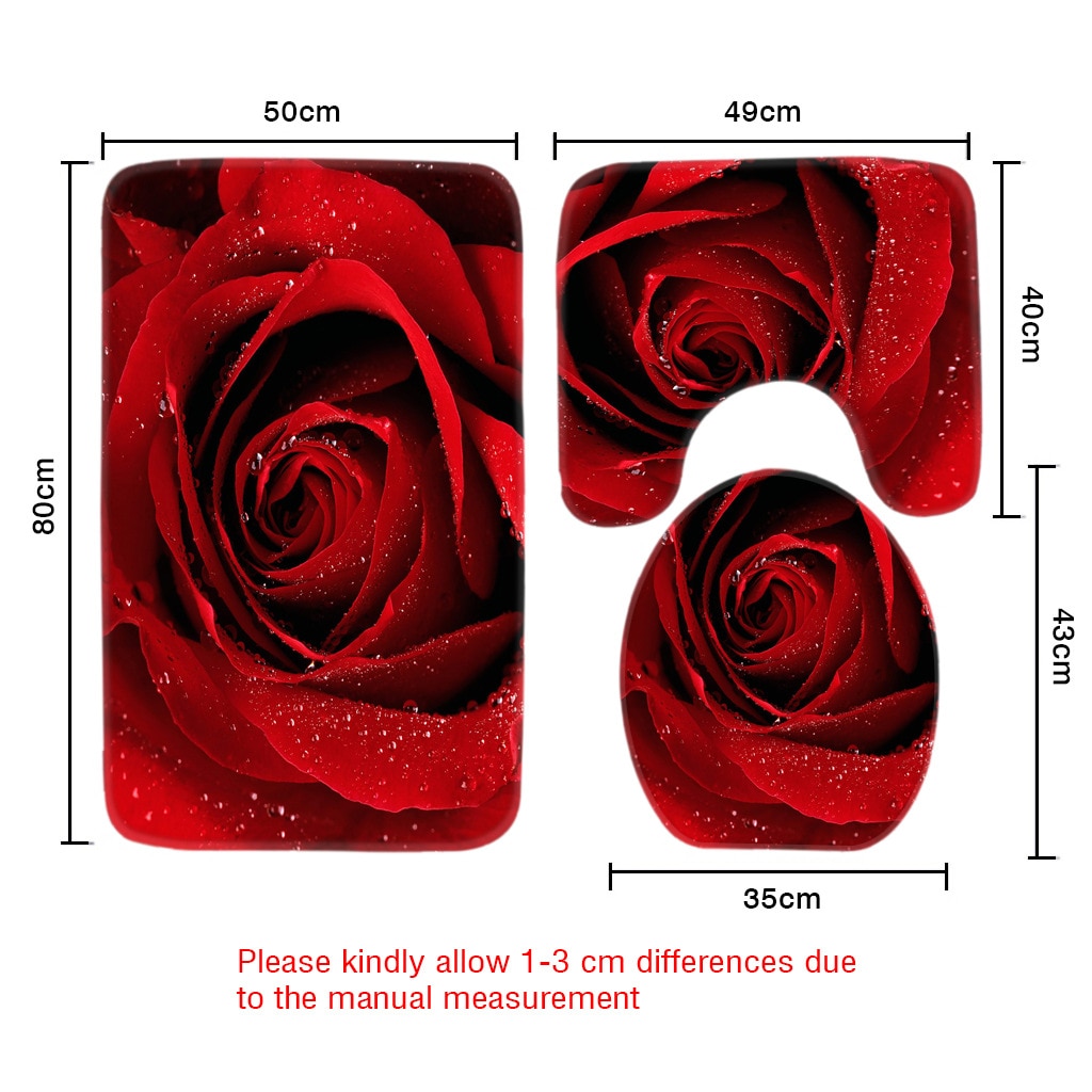 3 Pcs Bath Mat Set Rose Pattern Toilet Mat for Three Sets of Bath Mat Anti Slip Bathroom Rugs and Carpets