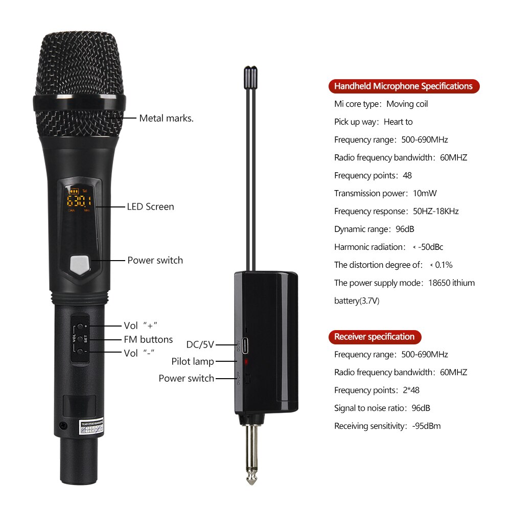 Debra MU2 Draadloze Oplaadbare Microfoon Uhf Opname Karaoke Met 2 Handheld Microfoon, Voor Stage, Kerk, Partij, school.