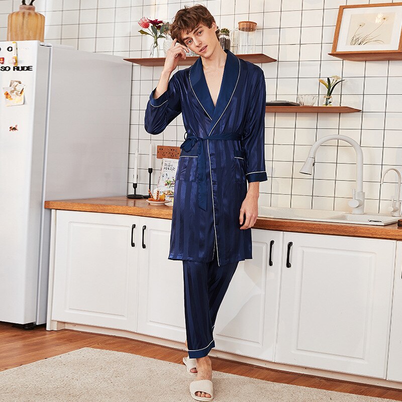 Real Mens Luxury Bathrobe Geometric Robes V-Neck Lmitation Silk Knitted Sleepwear Full Sleeve Nightwear Pants XXXL: NavyBlue / 2XL