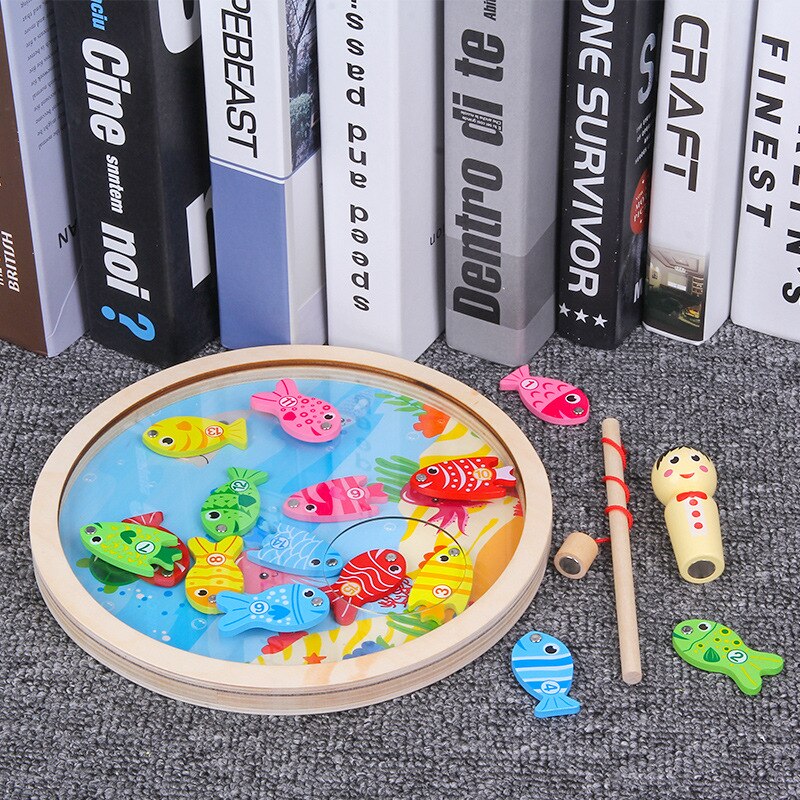 1PCS Vroege-onderwijs Houten Kind Focus Kracht Training Speelgoed Houten Speelgoed Magnetische Outdoor Play Set Vissen Speelgoed voor kinderen: Round fishing
