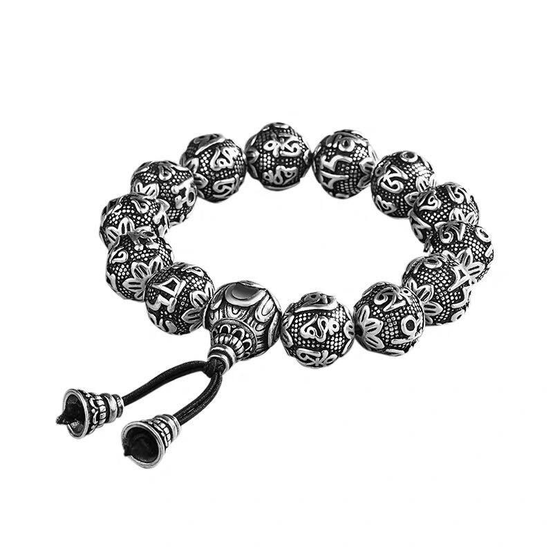 Tibetan Buddhism Brass Silver Plated Charm Rope Bracelet Men Six Words Tibetan Buddhism Plated Thai Lotus Beads Bracelet Women