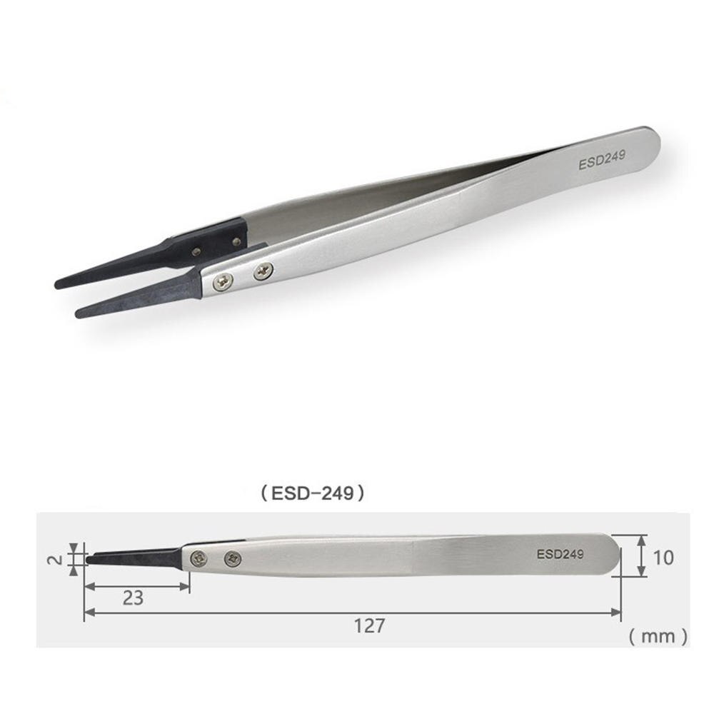 1pcs ESD Anti-Static Tweezers With Replaceable Tips Full Stainless Steel Body Carbon Fiber Conductive Plastic: ESD-249