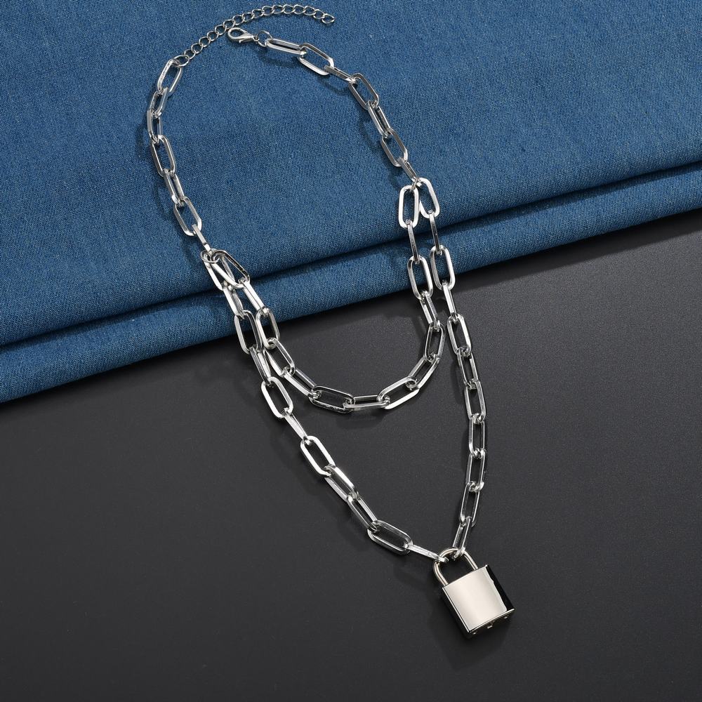 Dobbeltlag store link kæde halskæde guld sølv farve hængelås vedhæng halskæder til kvinder luksus smykker: Sølv
