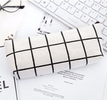 Estuche sencillo a cuadros para lápices, estuche de lona de gran capacidad, estuche de bolígrafo escolar, bolsa de almacenamiento de objetos pequeños: Blanco