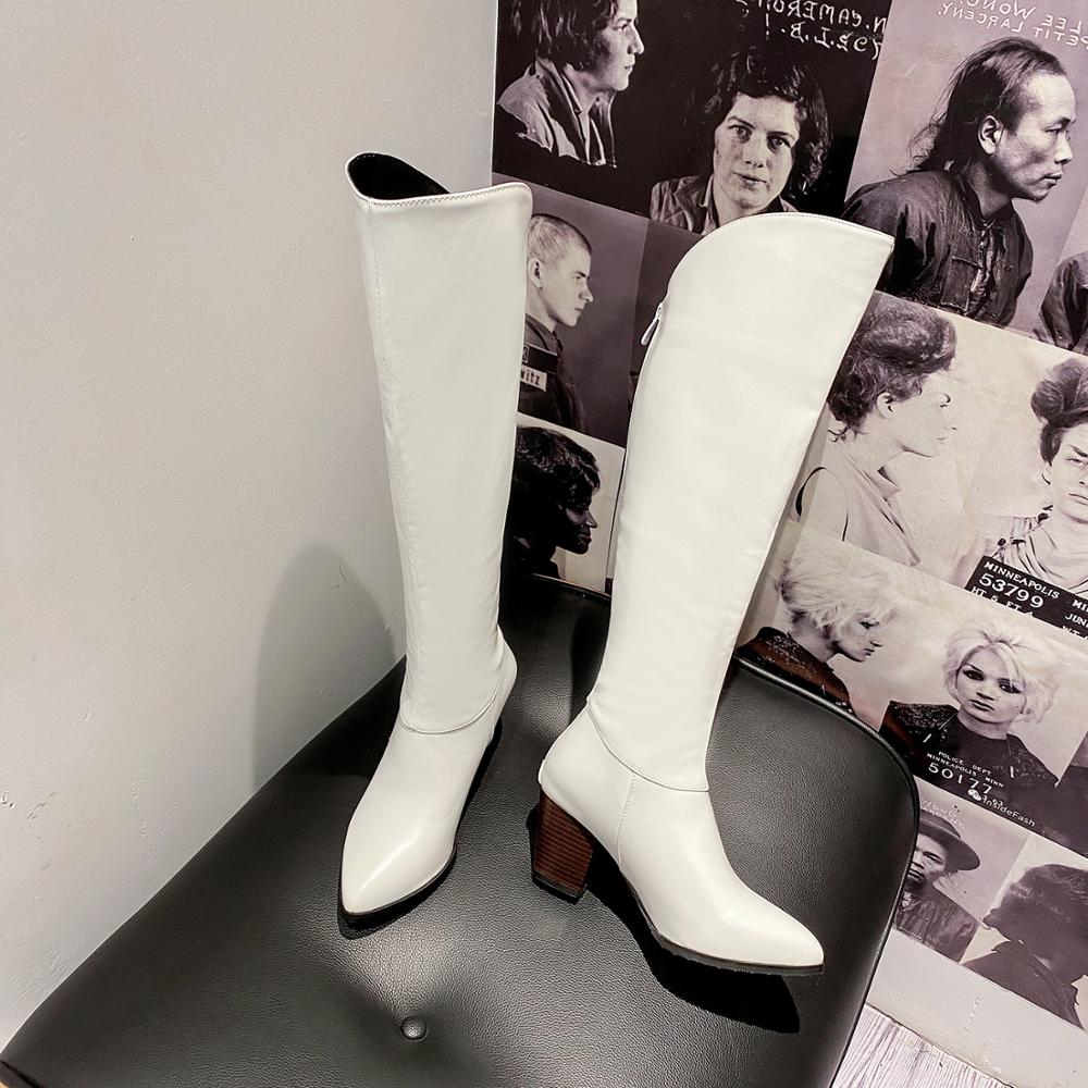 Westerse Laarzen Vrouwen Knie Hoge Cowboy Laarzen Mode Wees Teen Naaien Schoenen Vrouwelijke Hoge Hakken Dikke Schoenen Dames Herfst AB792