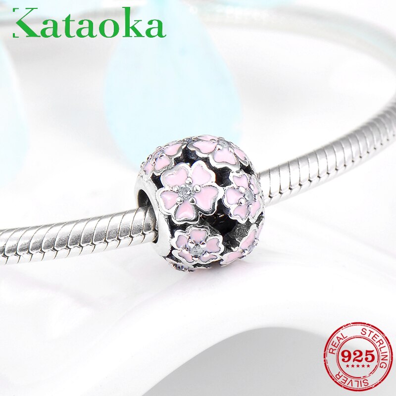 925 Sterling Silver CZ pink Enamel sparing flowers Bead Fit Original European Charm Bracelet Jewelry making