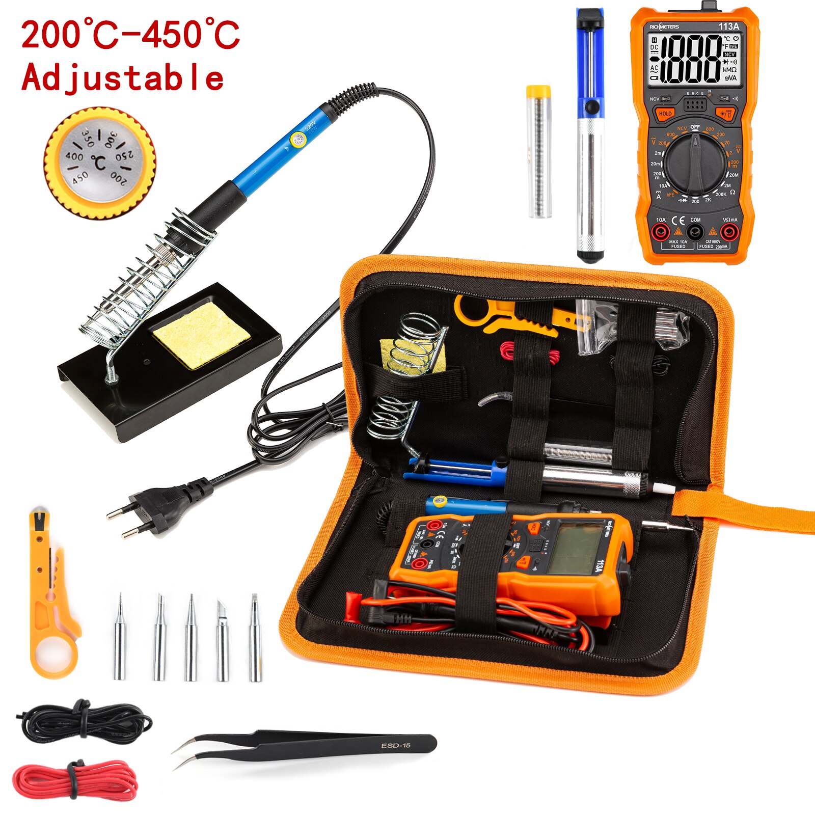 Letme Soldering iron with Digital multimeter kit Adjustable Temperature Auto Ranging AC/DC tester multimetro Welding Tool Kits: Dark Blue / EU