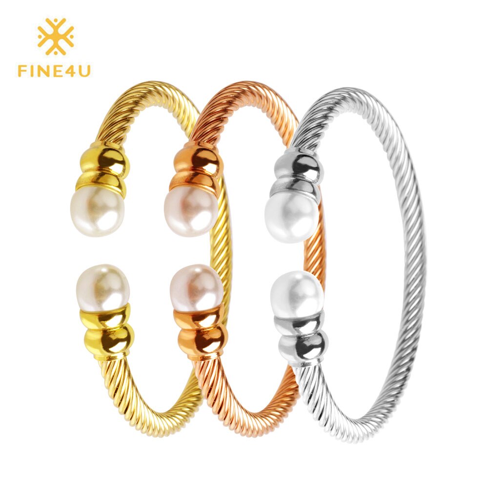 FINE4U B055 Adjustable Pearl Cuff Bracelet Bangles For Women 316L Stainless Steel Twisted Cable Bracelets