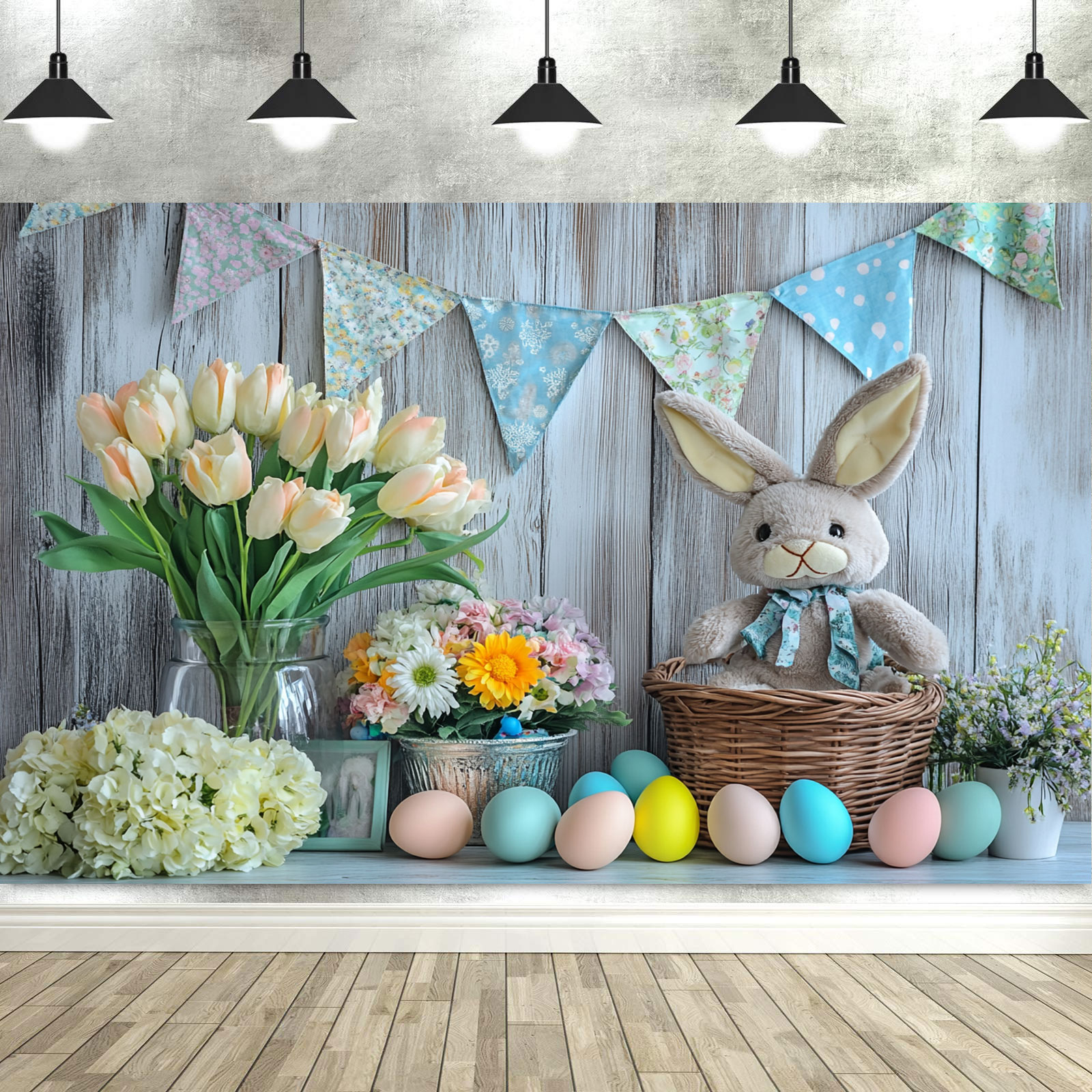 Primavera páscoa fotografia cenários jardim floral grama coelho ovos fundo coelho foto banner tapeçaria cabine adereços: Verde exército / 150 * 300