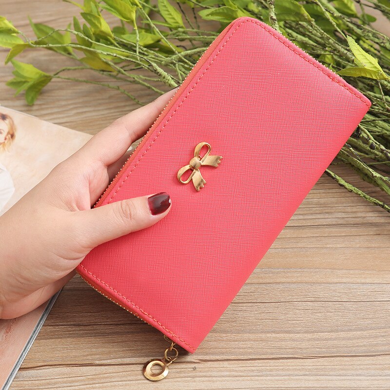 Kaarten Wallet Dames Leuke Strik Vrouwen Lange Portemonnee Effen Kleur Clutch Bag Pu Lederen Portemonnee Telefoon Kaart houder Tas: Watermelon Red