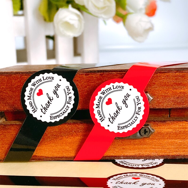 50 unids/lote rojo negro gracias hecho a mano con amor tira larga etiqueta adhesiva Kraft DIY para pastel hornear sellado ticker