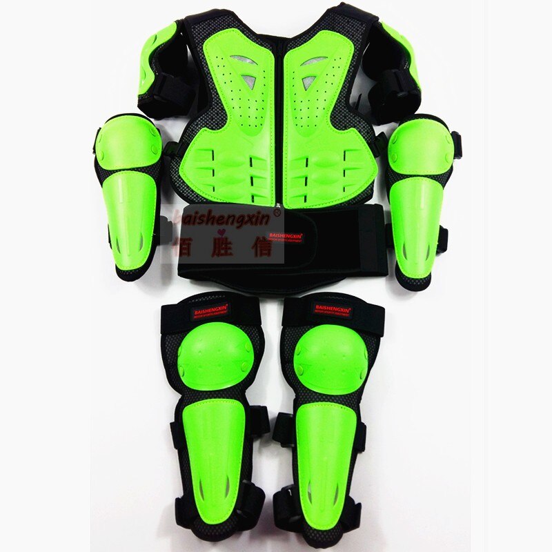 Barn motorcykel motocross krop jakke vest rustning børn bryst rygsøjle beskyttelse gear med albue skulder knæpude i 5-14 år: Grøn