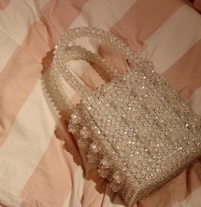 Crystal Evening Bag - Woven Bead Handbag - Soft Tote Bag - Two Handles - SATSEED: White / S