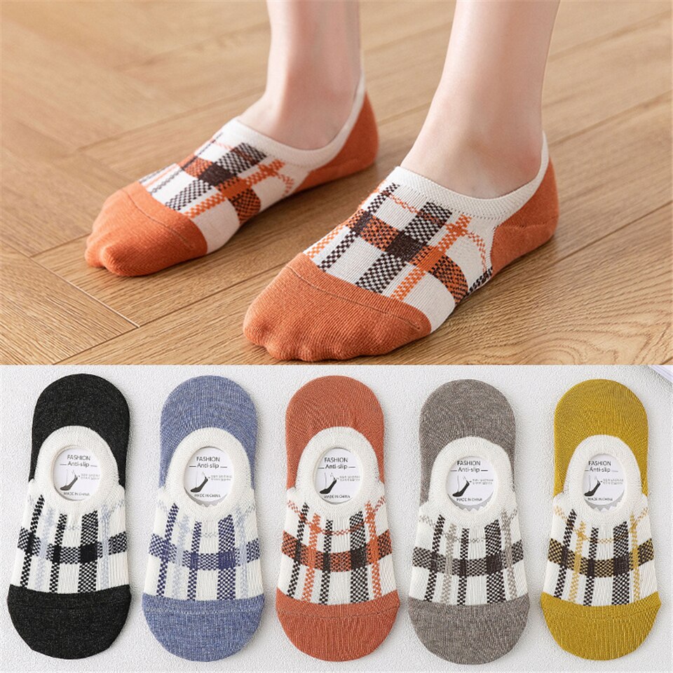 5Pcs Katoen Slipper Plaid Kleur Antislip Onzichtbare Zomer Ademende Comfortabele Sokken Vrouwelijke Boot Sokken Vrouwen Siliconen