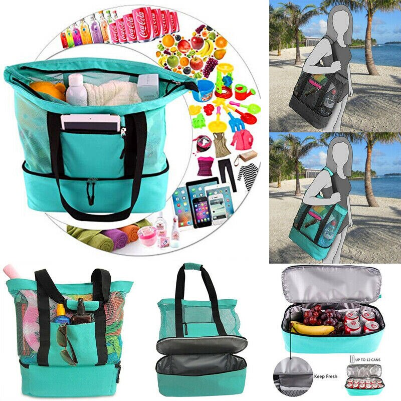 Handheld Lunch Bag Cooler Picnic Net Mesh Beach Tote Bag Vacation Bag Shopper Food Drink Storage