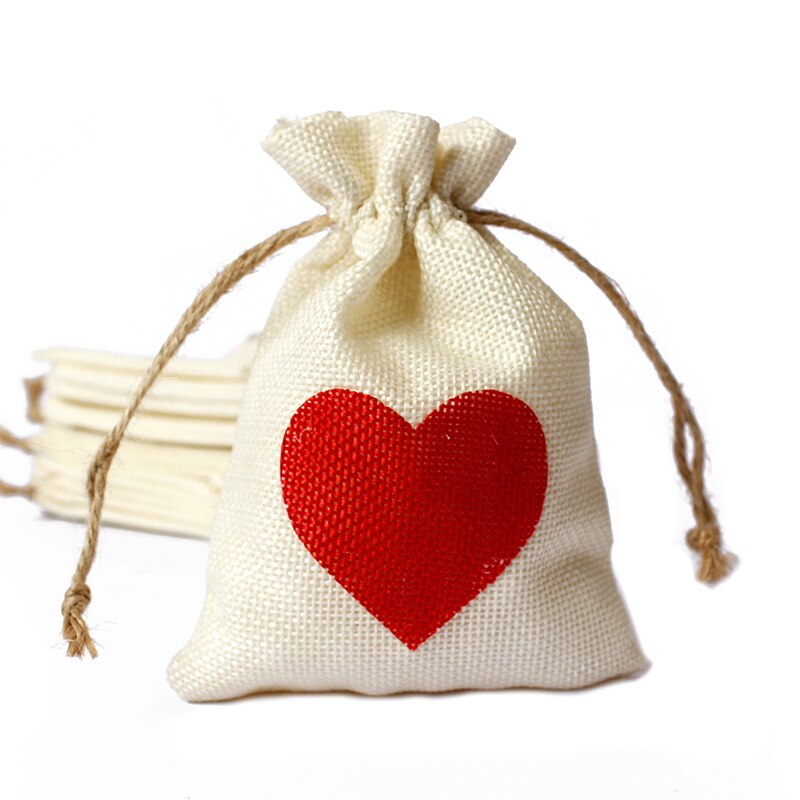 1 PC 10x14CM Hochzeit Taschen Schmuck Tasche modisch Weiß Natürliche Leinen Kordelzug Hochzeit Favor Taschen Beutel herz bilden: Stil M