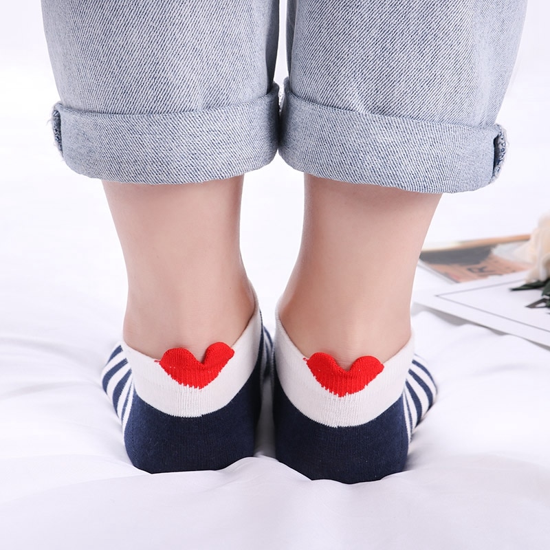 5Pairs Arrivl Women Cotton Socks Pink Cute Cat Ankle Short Casual Animal Ear Red Heart Gril Dot Stipe Print Soft Socks 35-40