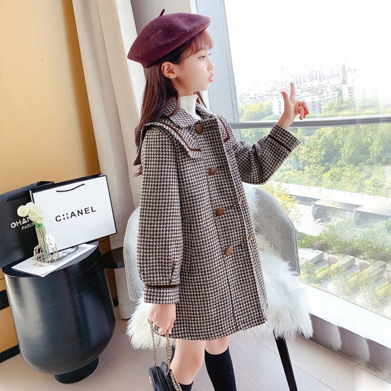 Fancy Wool Blends Coat For Teenage Girls Double breasted Woollen Outfit Kids Autumn Winter Thick Plaid Children-Outerwear