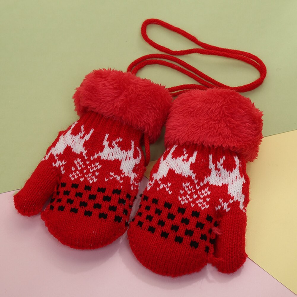 Lovely Neck Hanging Infant Baby Warm Gloves Reindeer Fleece Knitted Jacquard Cute Knitted Jacquard Halter Gloves