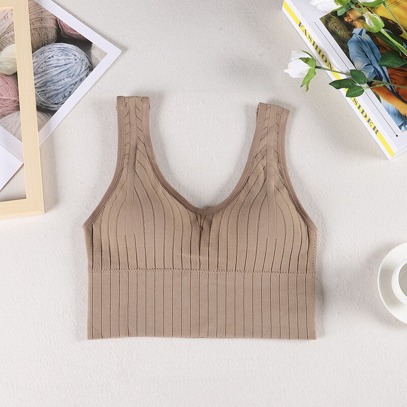 Women Tube Top Threaded Big U Beauty Back Detachable Chest Pad Sexy Sports Bra Wide Shoulder Strap Anti-failure Underwear: Khaki