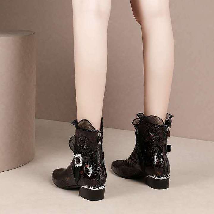 Bottes courtes en cuir verni pour femme, bottes thermiques pointues à talon épais, tube moyen, style, automne hiver