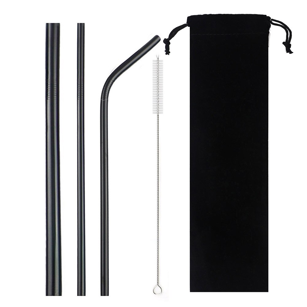 5-Pcs Metal Reusable Straw Colorful Pink Eco-Friendly Drinking Straws Set 304 Stainless Steel Straw Set with Brush Pouch Bag: Black