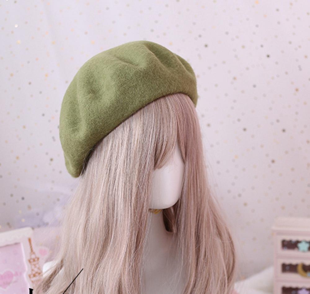 Solid Color Wool Beret for Women Girls Winter Autumn Beanit Hat: Green