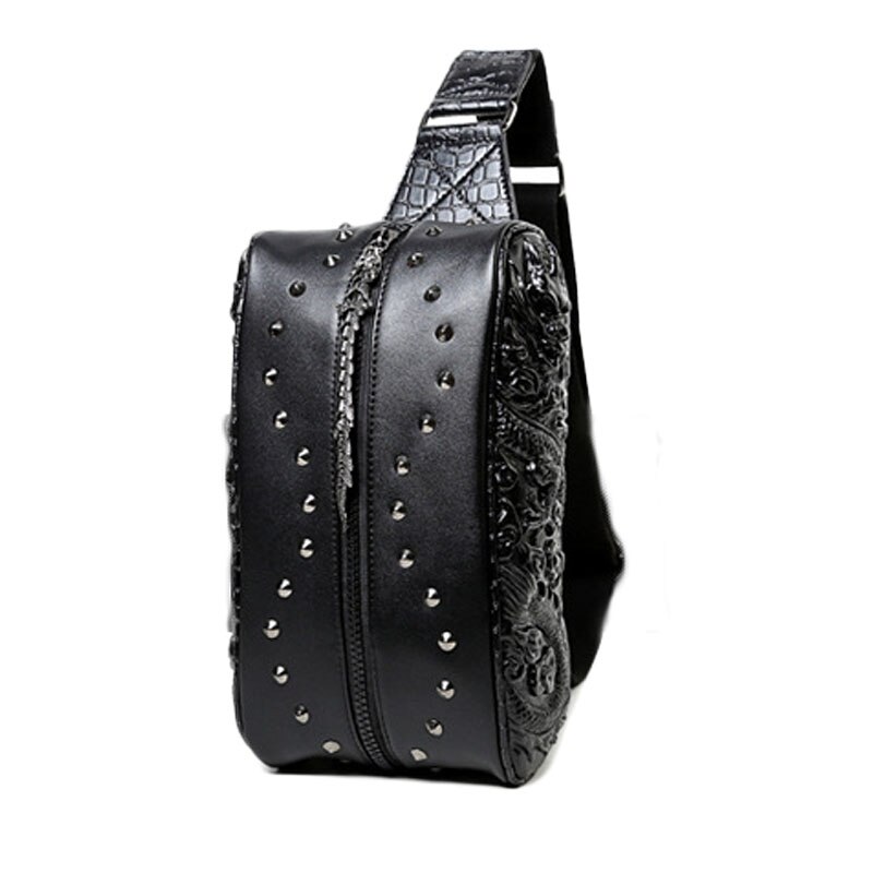 3D Emboss Rivet men chest bags PU leather male hop trend bag small shoulder bags for men traval bag: Black