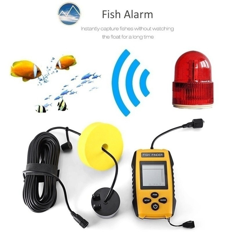 Portable Fish Finder Handheld Fishfinder Fishing Gear Depth Finder with Sonar Transducer and LCD Display (Yellow)
