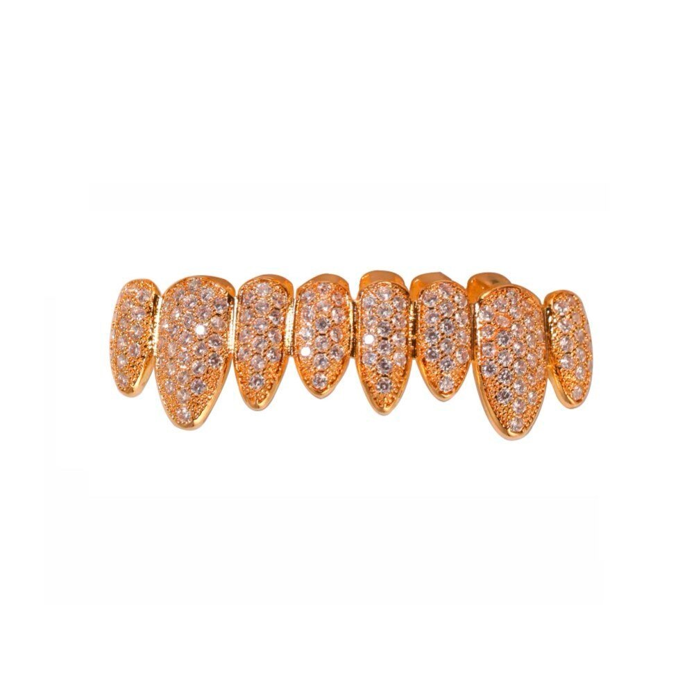 Uwin Zirconia Grills Set Zilver Kleur Tanden Grills Hiphop Halloween Iced Out Top &amp; Bottom Dental Grills Body Sieraden: gold bottom