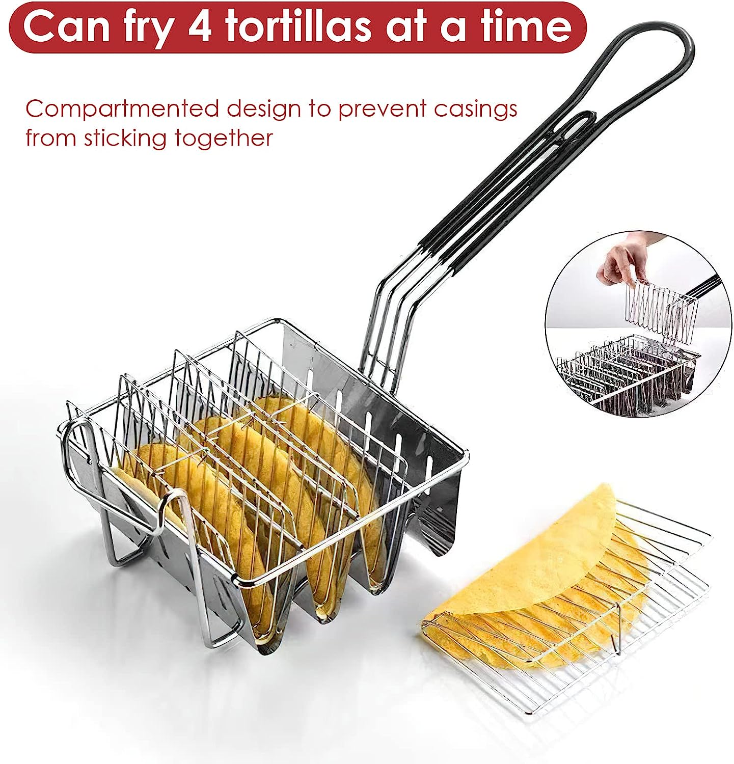 Heet Verkoop Roestvrijstalen Taco Mand Voor Friteuse, Houdt 4/6 Schelpen, U-Vormig, Vlakke Bodem, Thuis,