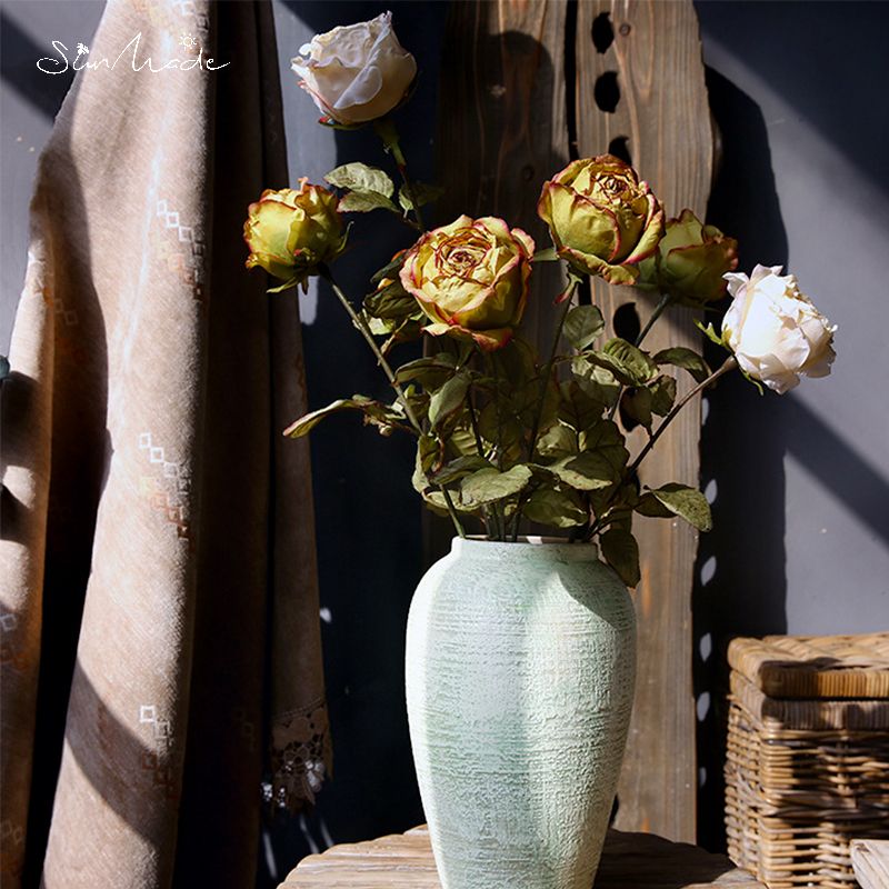 SunMade-Rosas románticas Retro, flores artificiales, decoración para sala de estar, macetas decorativas para boda