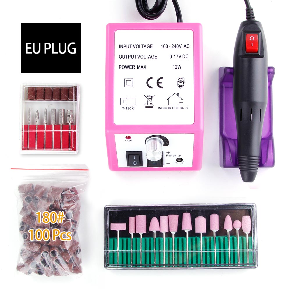 Electric Machine Apparatus for Manicure Pedicure Nail Tools 12Pcs Quartz Nail Drill Bits Nail Tools 100Pcs Sanding Bands EU Plug: 5