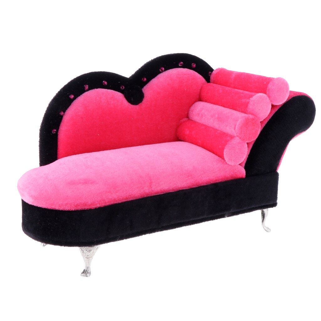 1/6 Scale Dolls House Miniature Chaise Lounge Recliner Long Sofa Furniture Model Decor Pink+Black