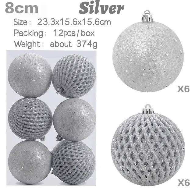 8cm/12pz impostato di palline di natale dipinte con paillettes luccichio oro argento decorazioni pendenti in plastica per la casa ornamento dell'albero di natale: Grigio chiaro