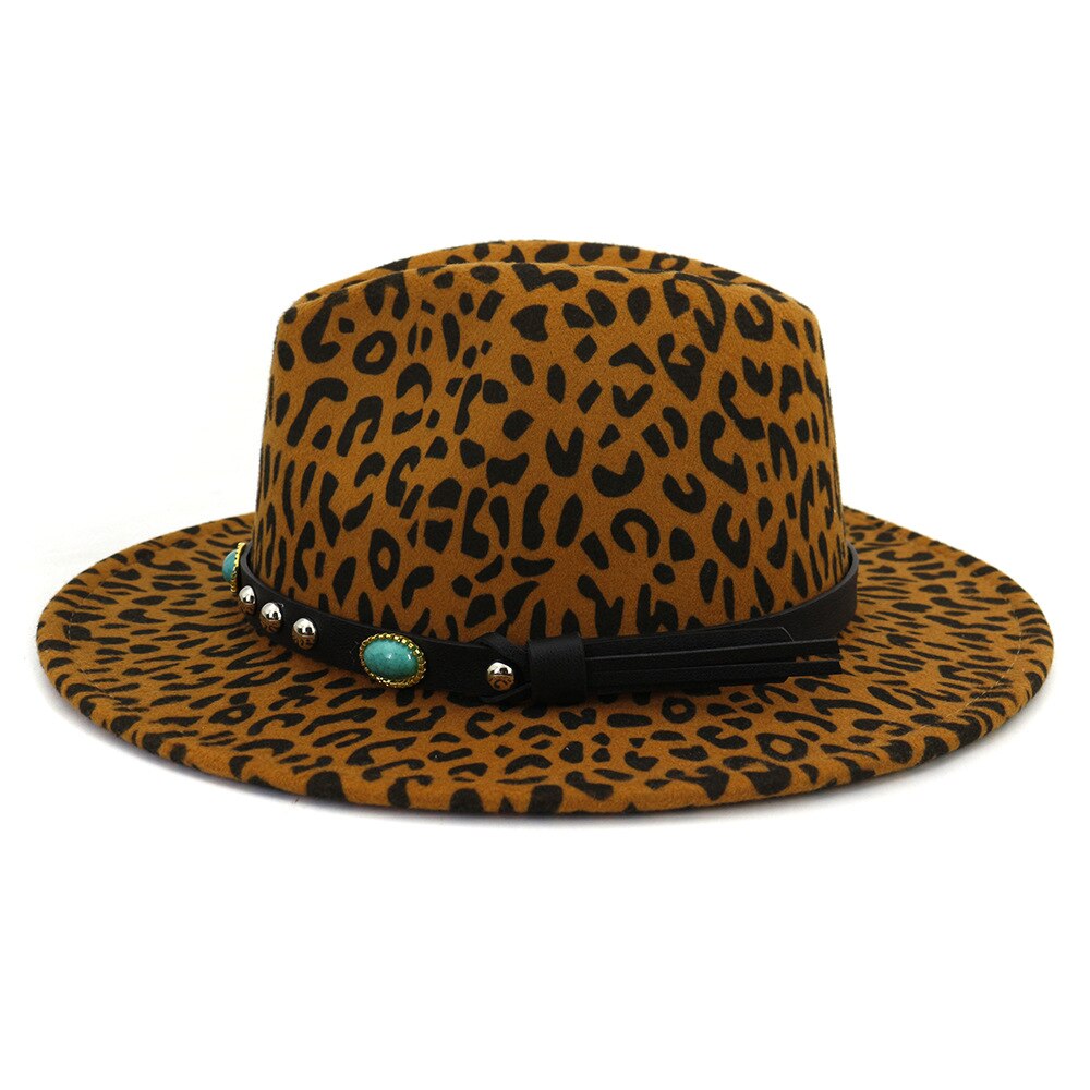 Qbhat unisex europeisk stil dam ull fedorahattar med turkos läder band bred brätte leopardmönstrad jazz filt hatt
