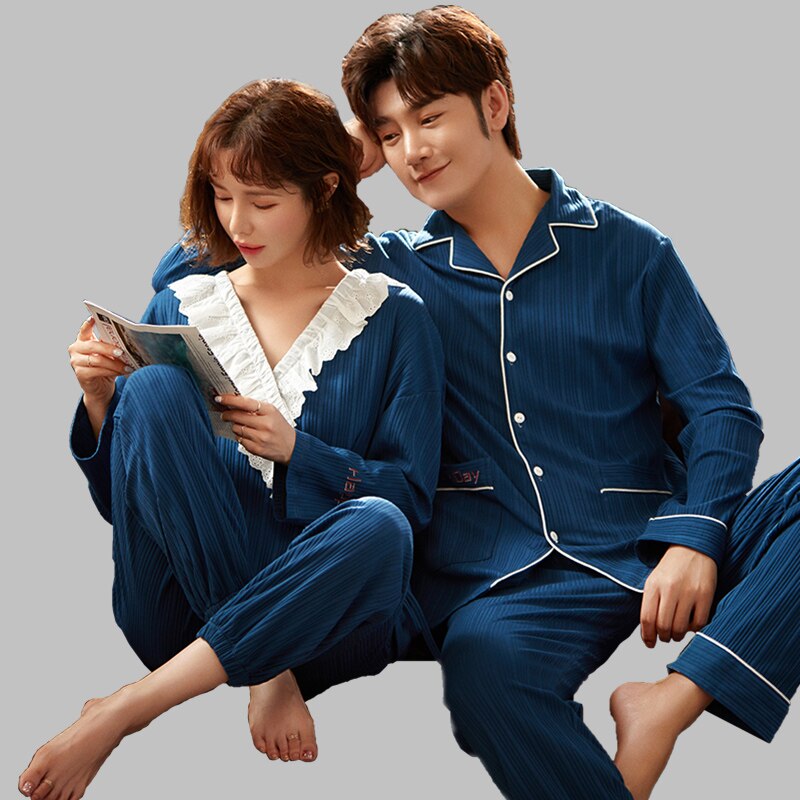 Pijama de algodón para parejas, primavera y otoño, estilo coreano, cuello de solapa, cómodo, de dos piezas, para hombre