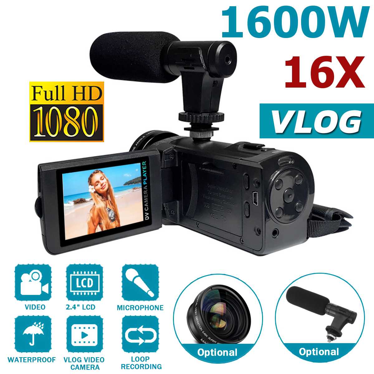 1080P HD camcorder video camera night vision 2.4 in LCD screen Camera 16X digital zoom camera with microphone