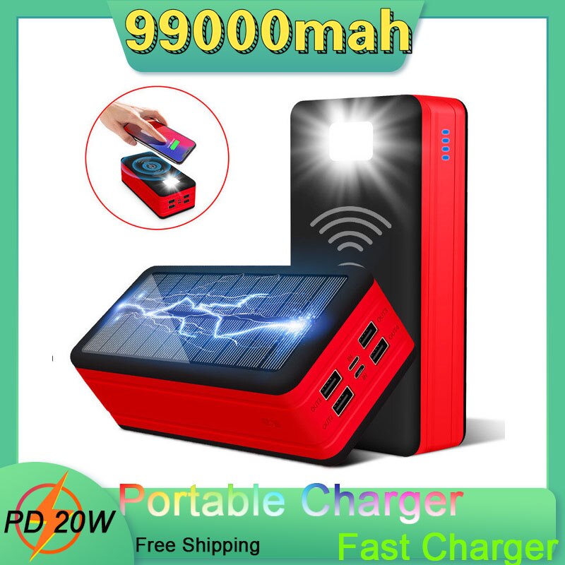 99000mAh Wireless Solar Power Bank Portable Charger Large Capacity 4USB Outdoor External Battery Poverbank for Xiaomi Iphone
