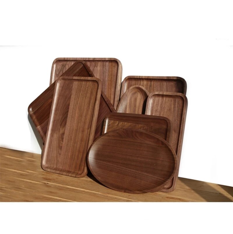 Round Retangle Oval Shape Walnut Wood Pan Plate Fruit Dishes Saucer Tea Tray Dessert Dinner Bread Wood Plates