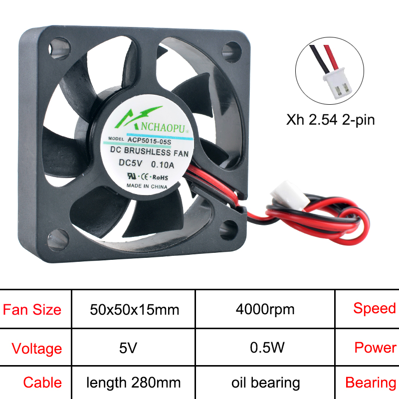 Industriell 50mm -axialfläkt –acp 5015 50 x 50 x 15mm multispännings  (5v/12v/24v) - kylfläkt för elektronik och kraftsystem: Svart