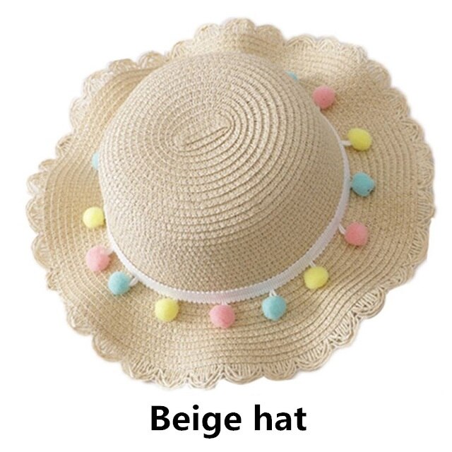 Zomer Reis Stro Hoed Voor Meisjes Prinses Kids Kind Geweven Rand Bloemen Zonnehoed En Tas Sets Voor Outdoor: Hat beige