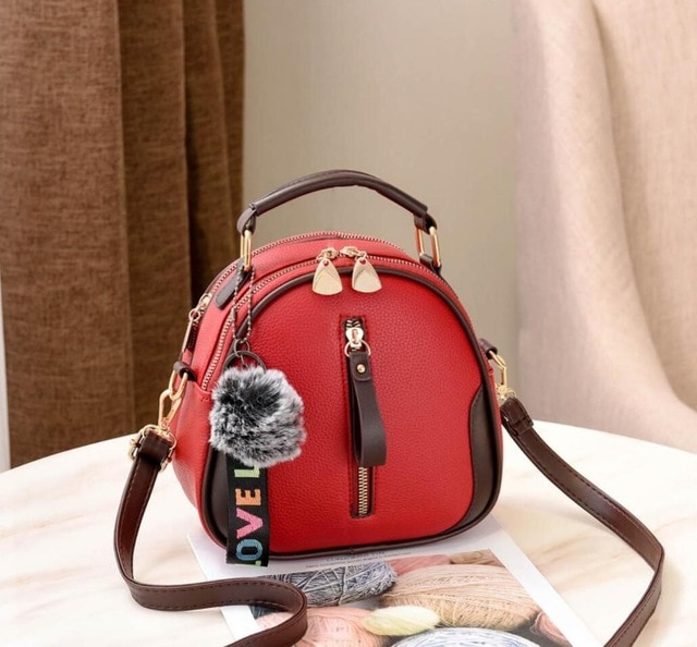 Yogodlns Solid Color Women Shell Bag Portable Shoulder Bag PU Leather Female Bag With Gray Hair Ball: winered