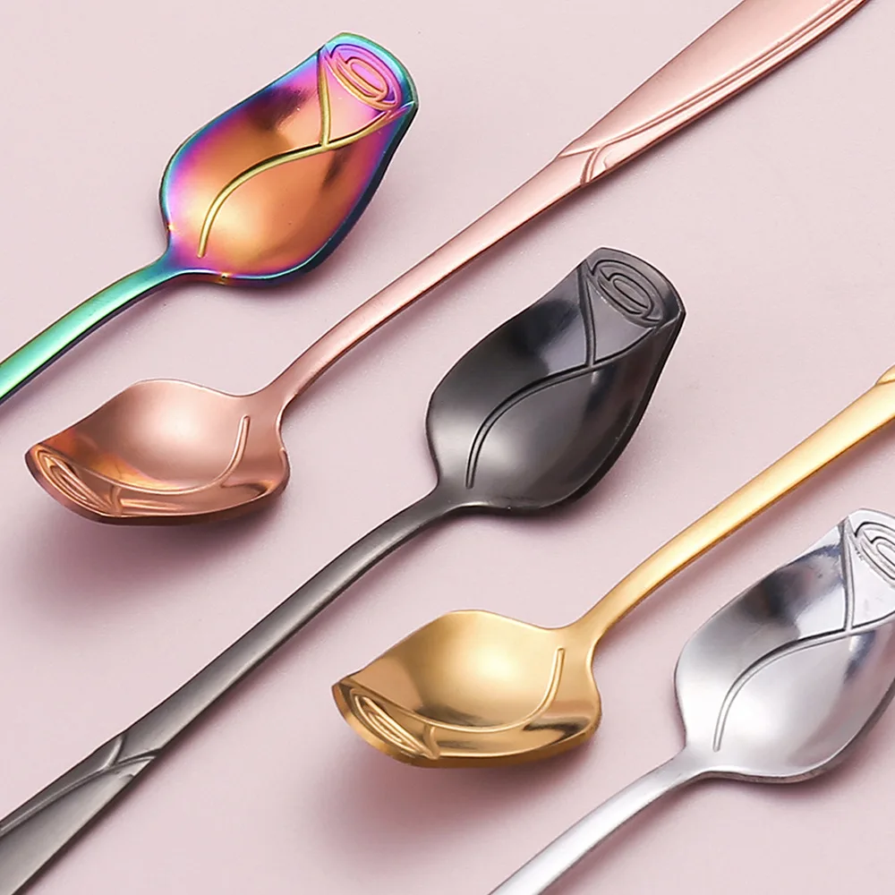 Long Handle Teaspoon Stainless Steel Rose Mixing Spoon Unusual Teaspoons for Dessert Honey Salad Tea Coffee Spoons Year