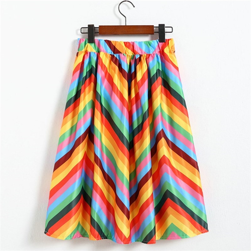 Neophil – Jupe trapèze plissée en Satin arc-en-ciel à rayures et franges imprimées, taille haute, volants évasés, S07048, collection été 2022
