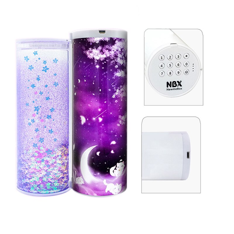 NBX Purple Pencil Case Glitter Cat Pencilcase Aesthetic Sakura Stationery Cute Office Supplies For Girls Pen Boxes And Packaging: Password pen case