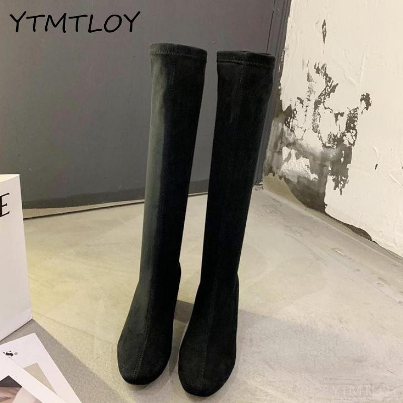 Höststövlar dam flock långa botas platåkängor skor kvinna höga stövlar dam knähög fyrkantig klack