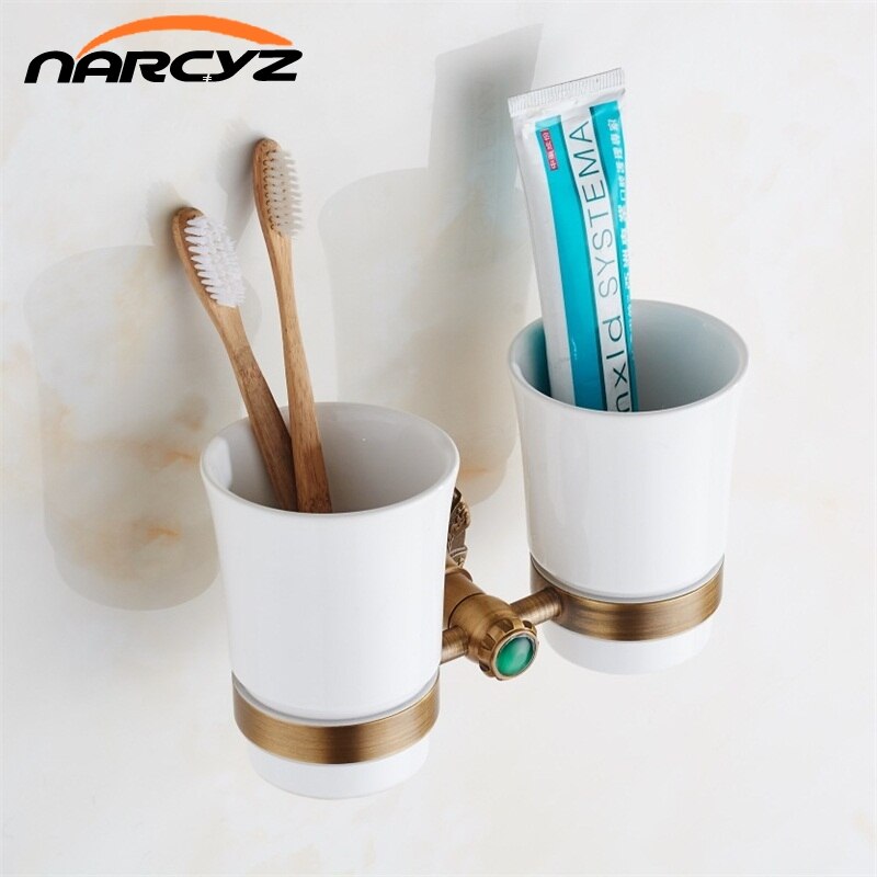 European Luxury European Style Antique Copper Toothbrush Tumbler Cup Holder With 2 Cups Wall Mounted Bath Product 9079K