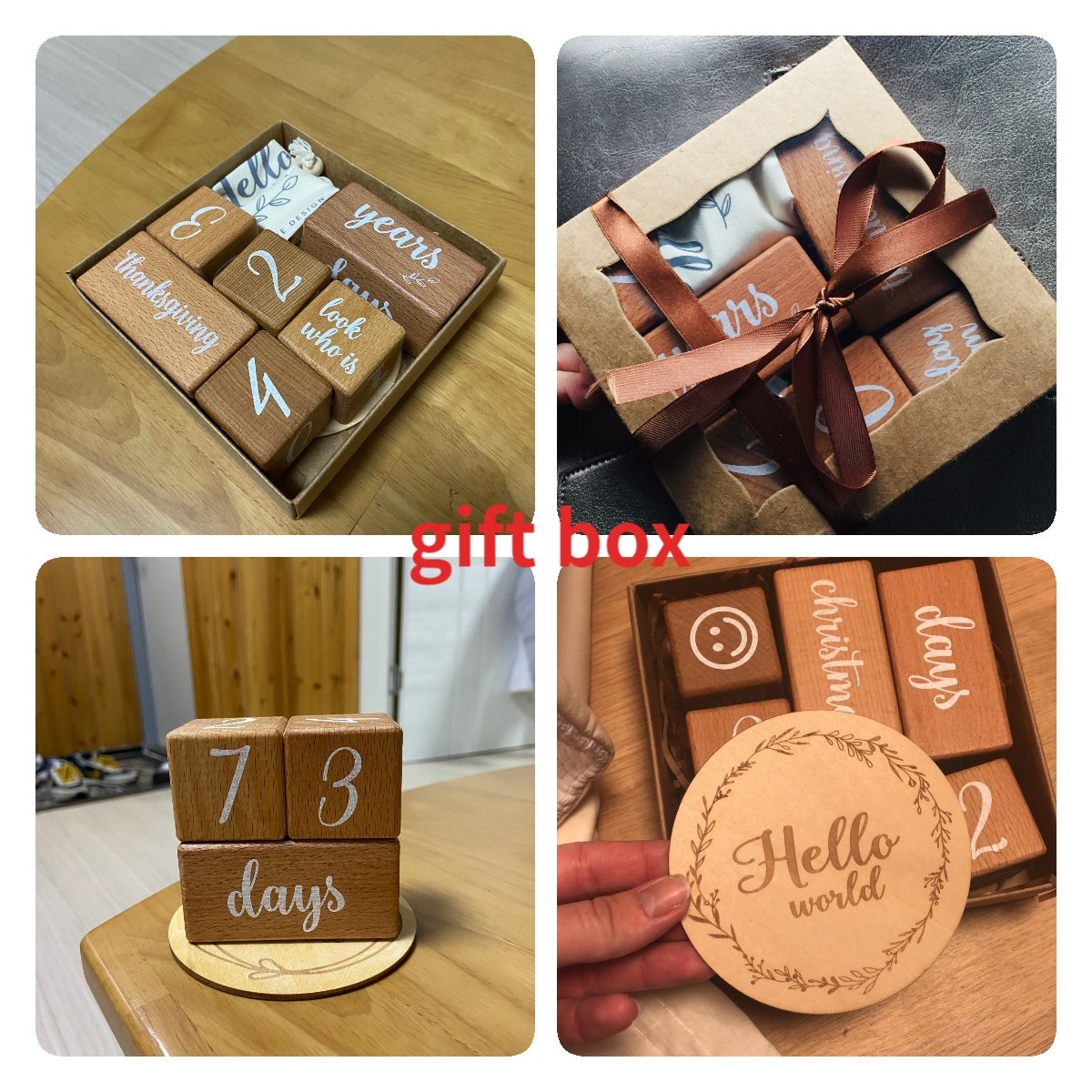 6Pcs/1Set Baby Maand Milestone Kaart Beuken Blok Plein Gegraveerd Pasgeboren Geboorte Maand Verjaardag Mijlpalen Blok Fotografie props
